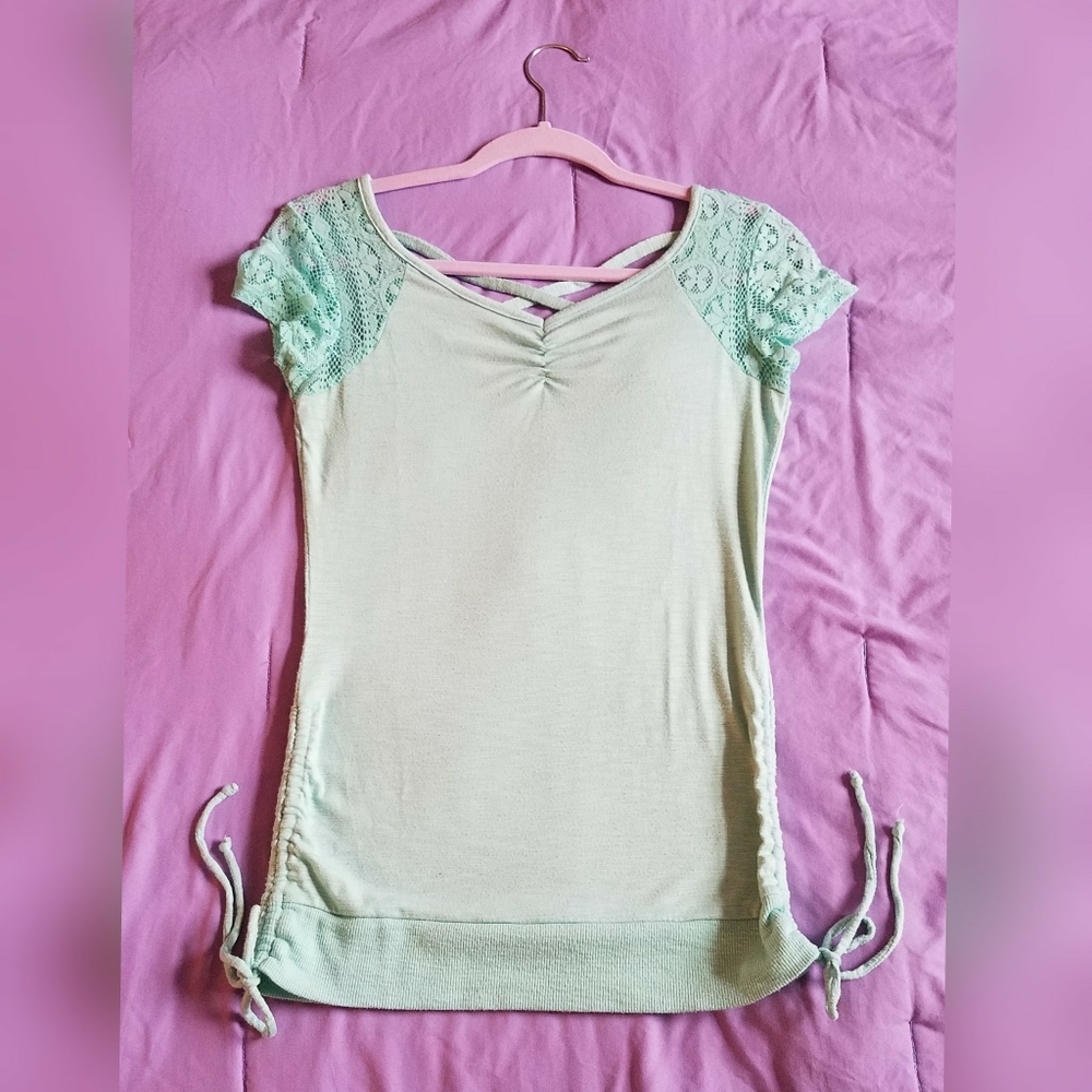 No Boundaries Light Teal Lace Sleeve Ruched Tee